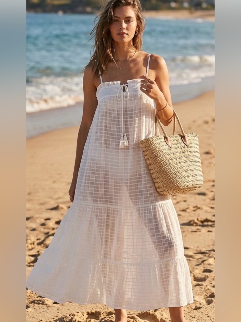 Reve de Soleil NWT‎ White Tiered Maxi Dress Fairy Coastal Cover-up M